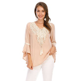Women's V-neck Sleeve Fringed Chiffon Shirt Sai Feel